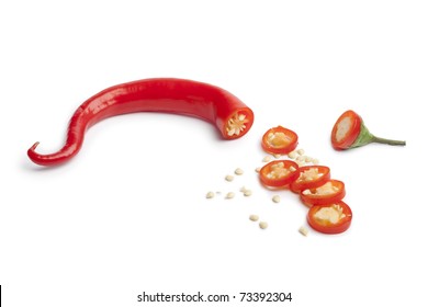  Fresh Red Pepper Cut Into Slices Isolated On White Background