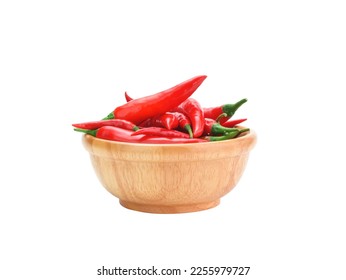 Fresh red peppers in wooden bowl, paprika, hot, mixed spices Mexican bell pepper, organic plants, healthy vitamins Isolated on white background, clipping path