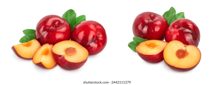 fresh red plum and slice with leaves isolated on white background - Powered by Shutterstock