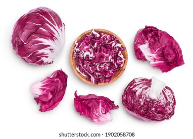 Fresh red radicchio salad in wooden bowl isolated on white background with clipping path and full depth of field. Top view. Flat lay