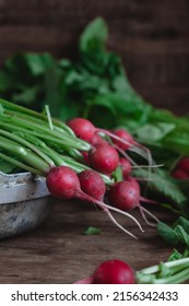 Fresh red radish with green leaves in a bowl on a dark wooden table. Organic food concept.