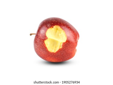 Fresh red ripe apple fruit with missing bite isolated on white background, die cut with clipping path