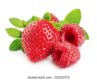 Fresh Red Strawberries And Raspberries On The White 