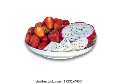 Fresh Red Strawberries And Sliced Of Dragon Fruit Or Pitaya Pieces In White Ceramic Bowl Isolated On White Background. Organic, Topical Fruit And Healthy Concept