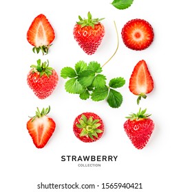 Fresh Red Strawberry Fruit And Leaf Collection As Creative Layout Isolated On White Background. Healthy Eating Food Concept. Spring Fruits And Berries Arrangement. Top View, Flat Lay, Design Element
