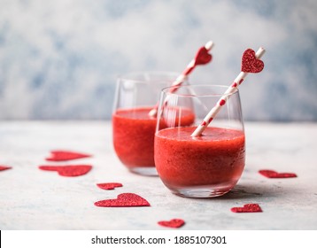 Fresh Red Strawberry Margarita  Or Daiquiri Cocktail With Hearts Over Gray Background, Valentine Day Concepts