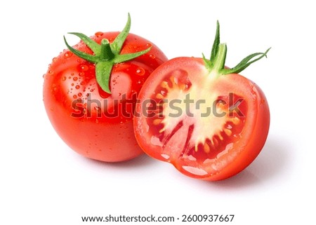 Fresh red tomato with half slice isolated on white background. This is photo, not AI generated.