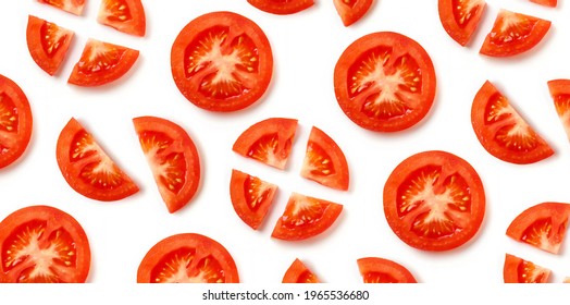 Fresh red tomato pattern isolated on white background, top view