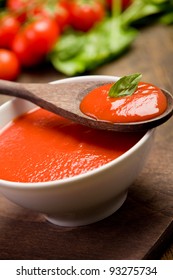 Fresh Red Tomato Sauce With Basil Leaf And Wooden Spoon