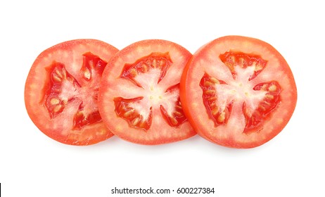 Fresh Red Tomato Slice, Isolated On White Background, Top View