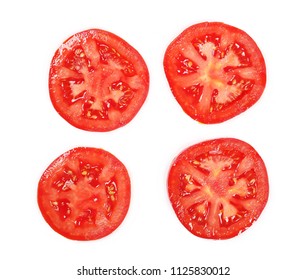 Fresh Red Tomato Slices Isolated On White Background, Top View