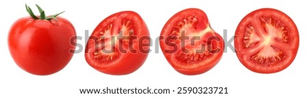 fresh red tomatoes, half and slices tomatoes isolated on a white background, macro tomato studio photo, clipping path, Collection, set