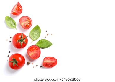 Fresh red tomatoes, pepper and basil on white background, top view - Powered by Shutterstock