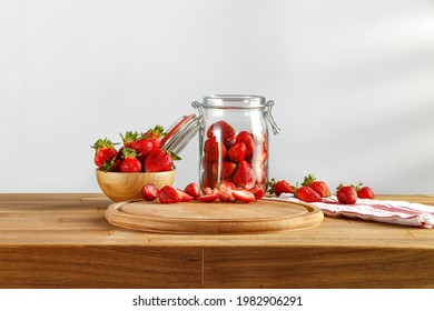 Fresh reed straberries on table and free space for your decoration.