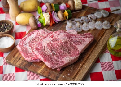 Fresh Ribeye Steak With Skewered Shrimp And Vegetable