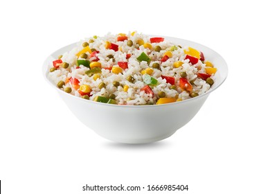 Fresh Rice Salad With Mixed Vegetables In A Bowl Isolated On White