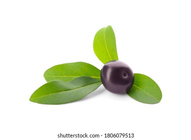 Fresh Ripe Acai Berry With Leaves Isolated On White