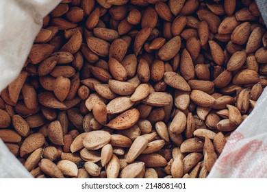 Fresh Ripe Almonds. Fresh Raw Almond Nuts. Top View.