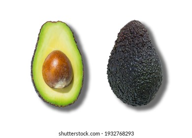 Fresh Ripe Avocado Fruit Isolated On White Background. Half Cut View. Top View