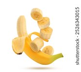 Fresh ripe bananas falling on white background