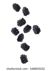 Fresh Ripe Blackberries Falling On White Background 