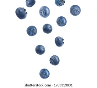 Fresh Ripe Blueberries Falling On White Background