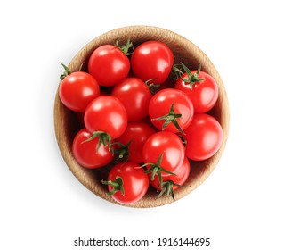 Fresh Ripe Cherry Tomatoes In Bowl On White Background, Top View