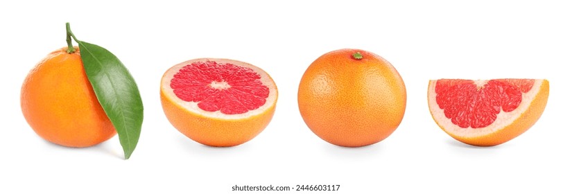 Fresh ripe grapefruits isolated on white, set