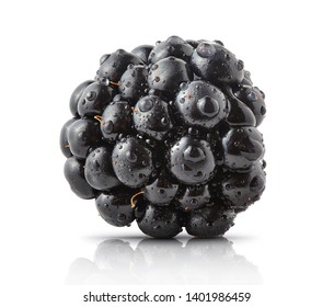 Fresh Ripe Juicy Blackberry Closeup Isolated. Forest Fruit Tasty Blackberry With Water Drops Composition With Focus Stacking. Advertising Label Design Element. Full Depth Of Field. Clipping Path. 3D