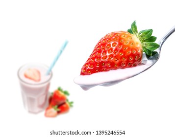 Fresh ripe juicy strawberry on a spoon with yogurt close-up on the background of a glass with a strawberry yogurt, cocktail, milkshake, isolated on a white background. Large size photos.