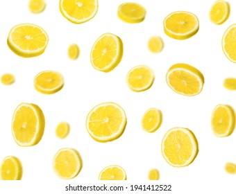 Fresh Ripe Lemons Falling On White Background