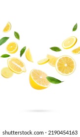 Fresh Ripe Lemons And Green Leaves Falling On White Background