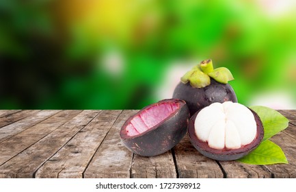 Fresh ripe mangosteen fruits on wooden table with mangosteen tree background