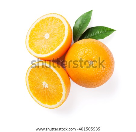 Fresh ripe oranges. Isolated on white background. Top view