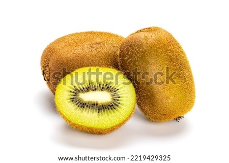Fresh ripe organic kiwifruits or kiwi fruist or chinese gooseberries whole and a half isolated on white background.