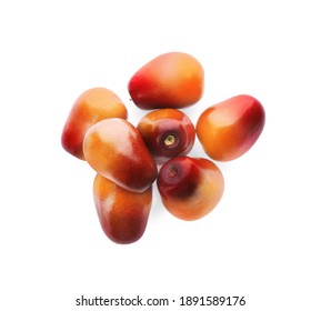 Fresh Ripe Palm Oil Fruits On White Background, Top View