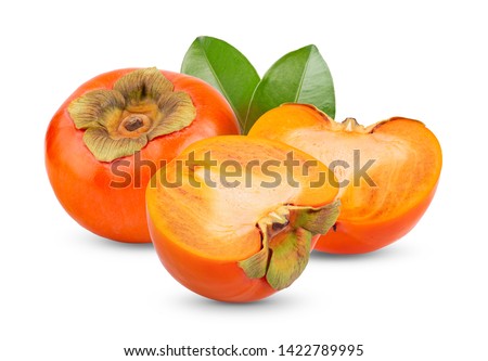 fresh ripe persimmons with leaf isolated on white background. full depth of field