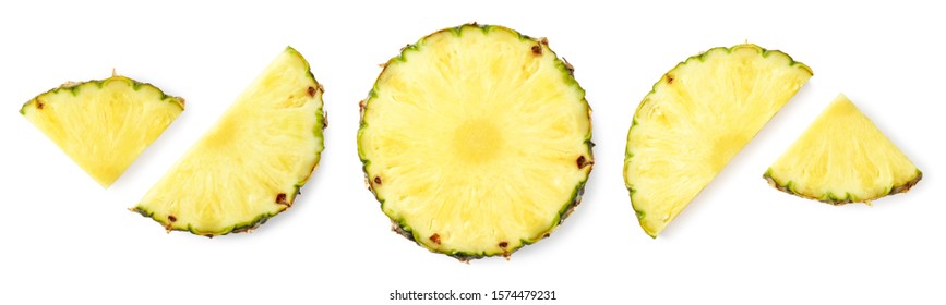 Fresh ripe pineapple slices isolated on white background, top view