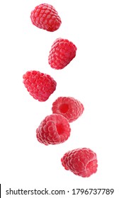 Fresh Ripe Raspberries Falling On White Background