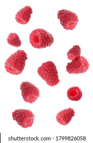 Fresh Ripe Raspberries Falling On White Background