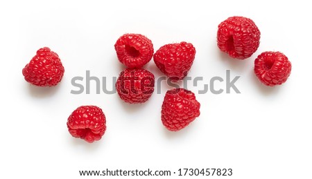 fresh ripe raspberries isolated on white background, top view