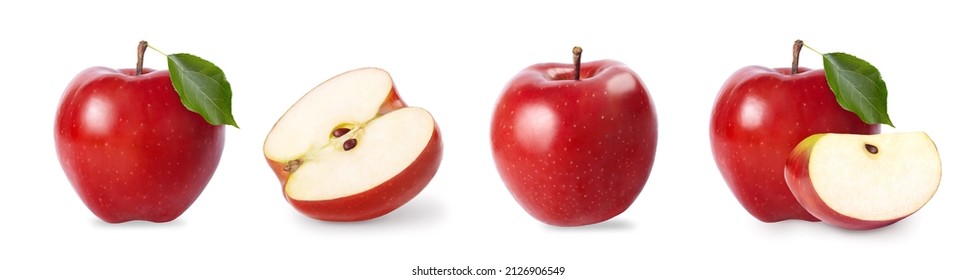Fresh ripe red apple isolated on white background. A set of whole and sliced apples. Side view. - Shutterstock ID 2126906549