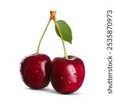 Fresh ripe red cherries with dew isolated on white