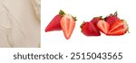 Fresh ripe strawberries isolated on a white background alongside the texture of cream cheese (cottage cheese, cream). Elements for packaging