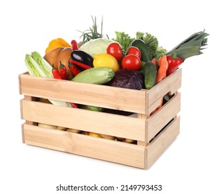 Fresh ripe vegetables and fruit in wooden crate on white background - Powered by Shutterstock