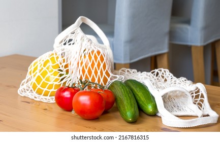 Fresh Ripe Vegetables In String Bag With Heart Near. Zero Waste. Harvest.Healthy Eating.Diet. Sustainable Shopping