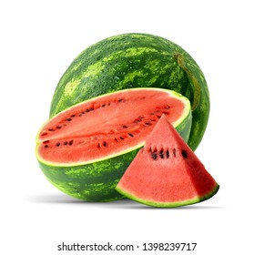 Fresh ripe watermelon, watermelon half and piece closeup isolated on white background. Fruits composition with focus stacking, full depth of field. Advertising label design element.