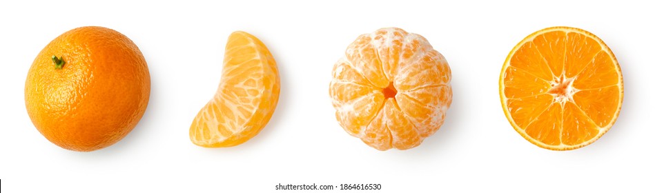 Fresh ripe whole and sliced mandarin, tangerine or clementine isolated on white background, top view
