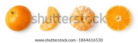 Fresh ripe whole and sliced mandarin, tangerine or clementine isolated on white background, top view