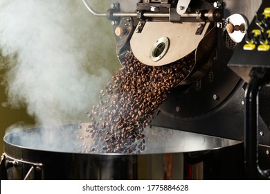 Fresh Roasted Natural Coffee Beans Cascading out of Industrial Coffee Bean Roaster Machine Inside the Coffee Shop